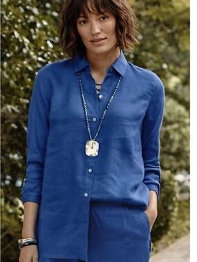 J. Jill Everyday Linen Button Down Indigo Blue- Medium